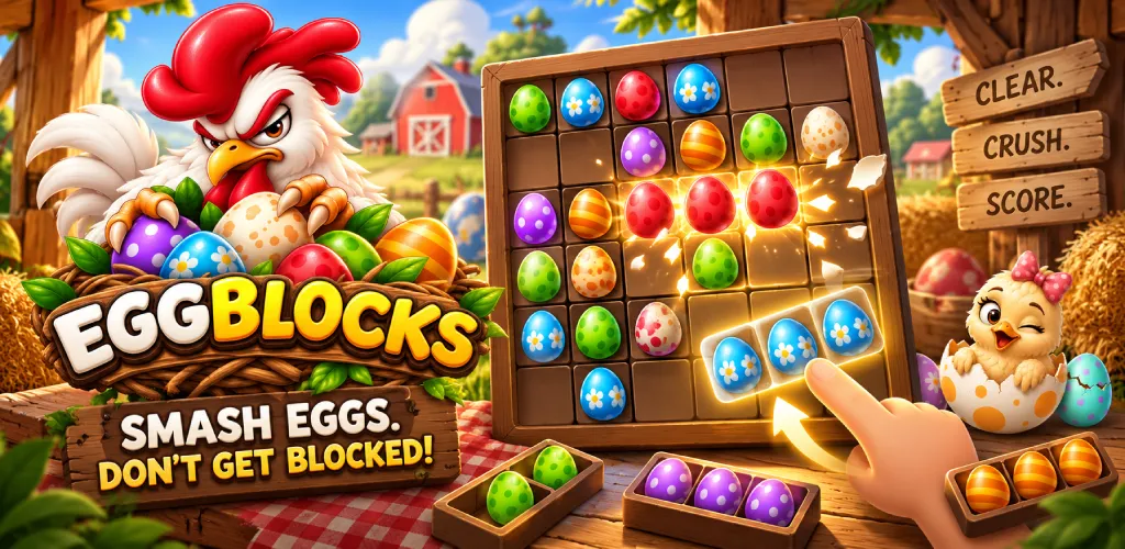 EggBlocks farm puzzle art: egg board, piece tray, and Clear Crush Score signs
