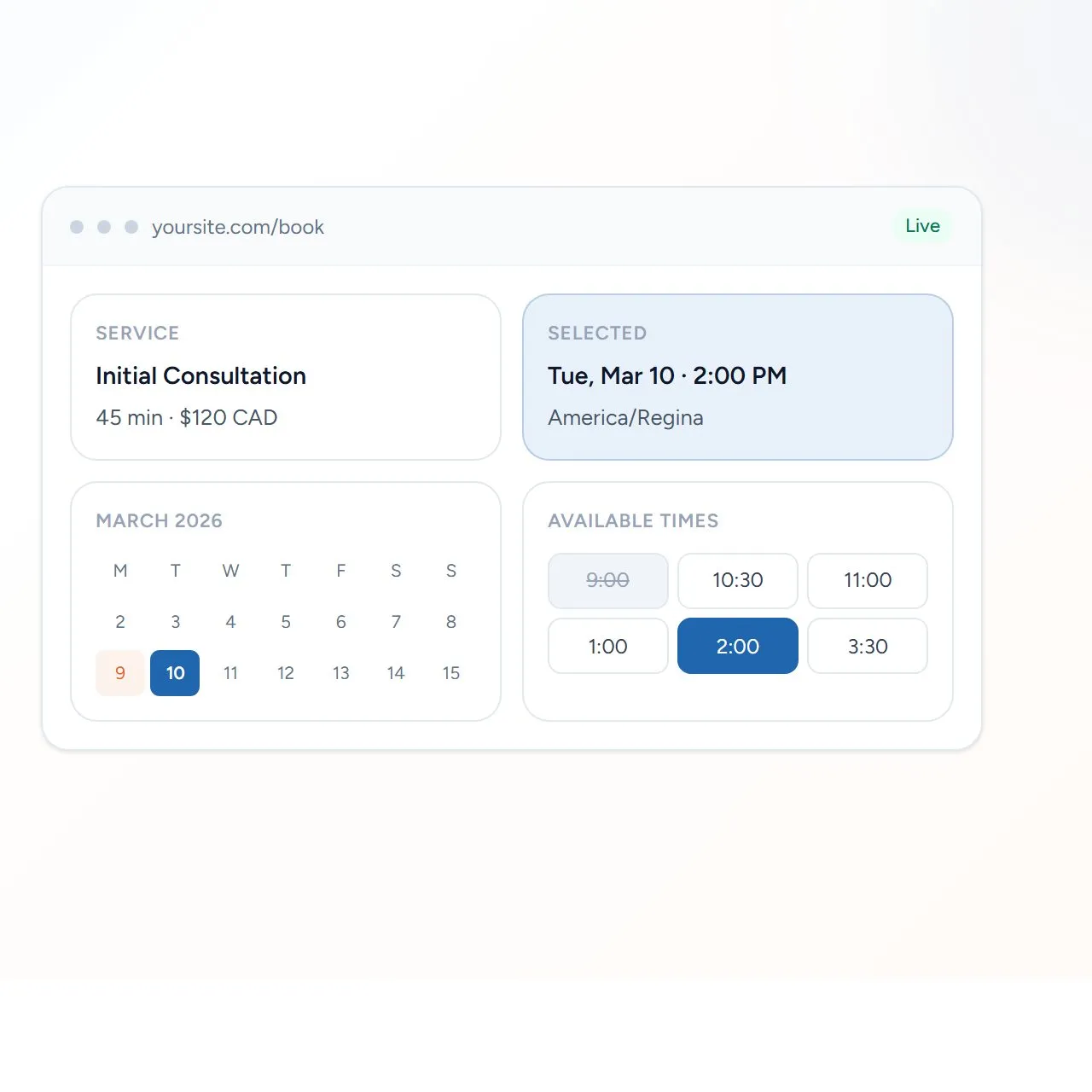 EnvisaSoft Calendar booking interface with service, date, and time selection