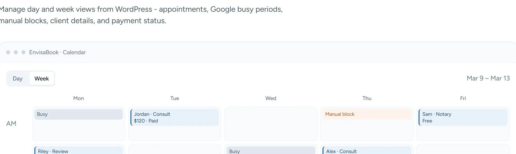 EnvisaSoft Calendar week view with appointments, busy time, and manual blocks
