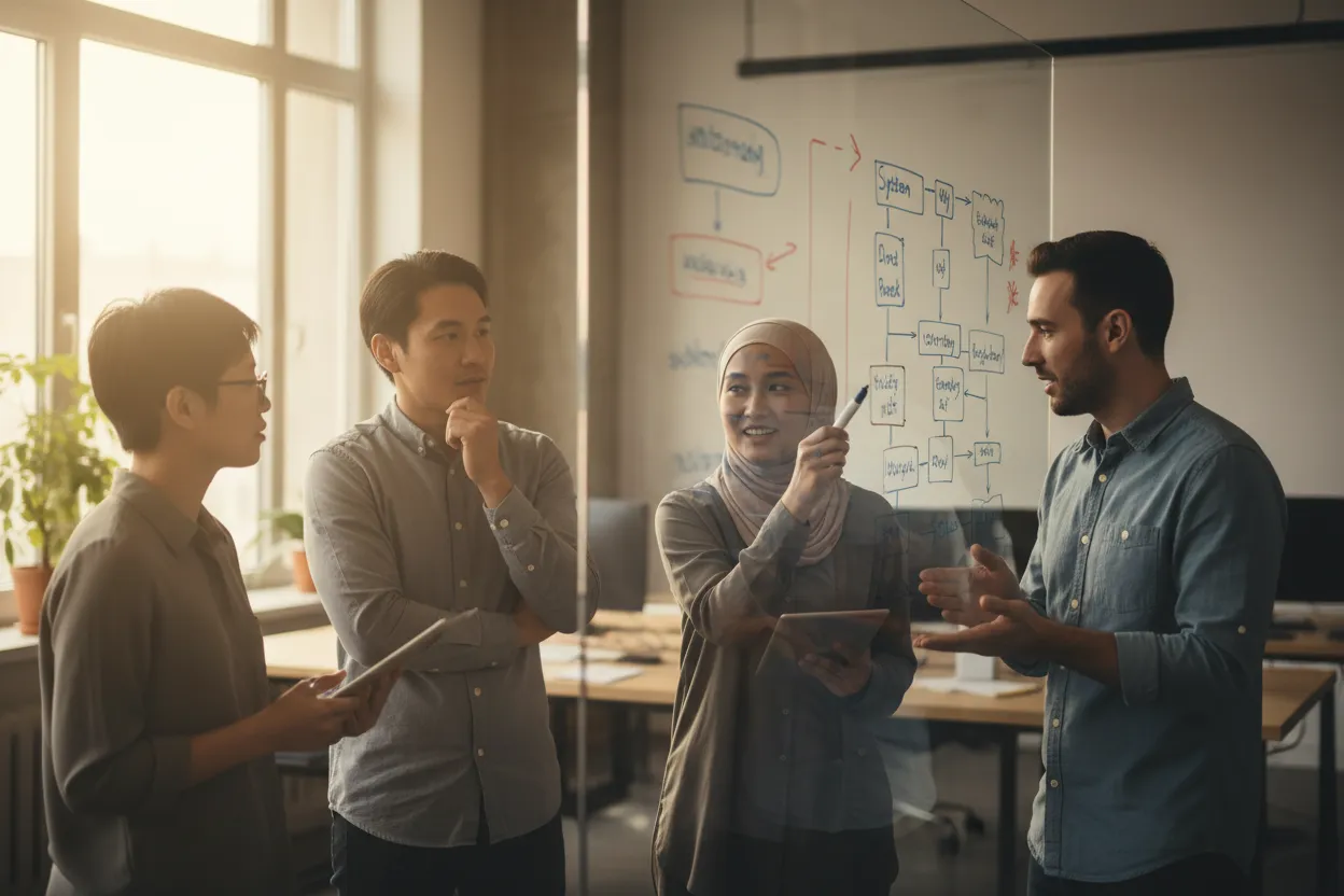 Team mapping a software workflow on a glass board