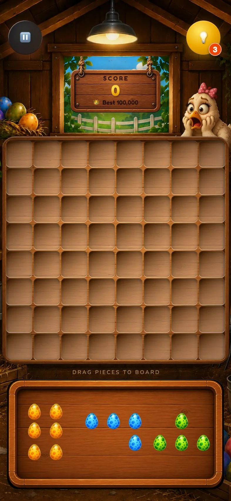 EggBlocks gameplay screen with farm board, egg pieces, and score sign