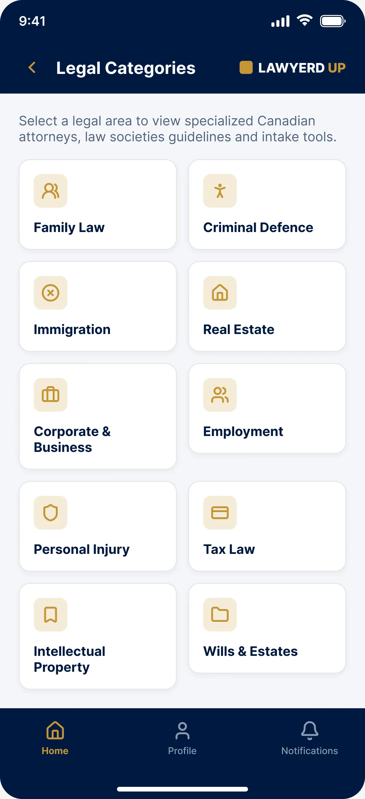 LawyerdUp legal categories screen for browsing practice areas