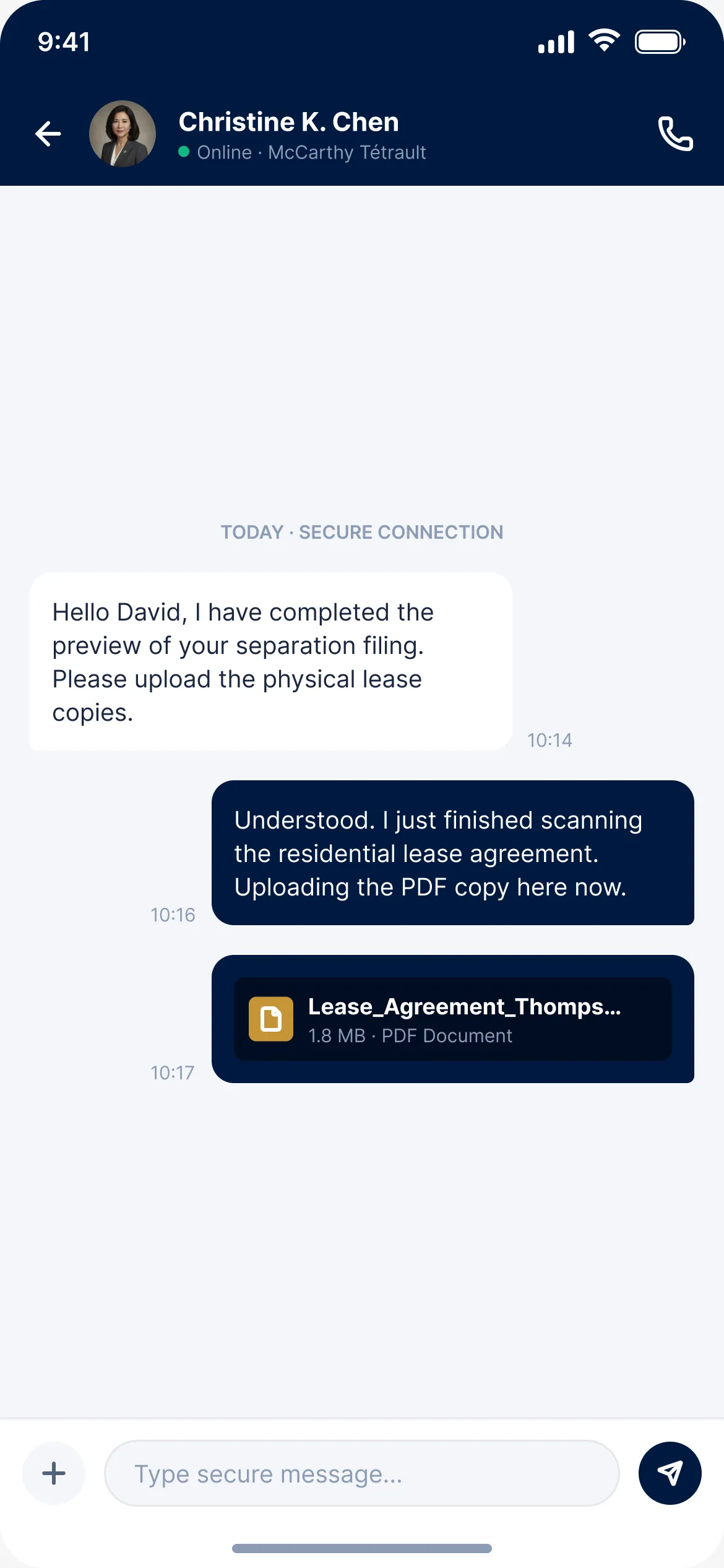 LawyerdUp secure client chat with message thread and document upload