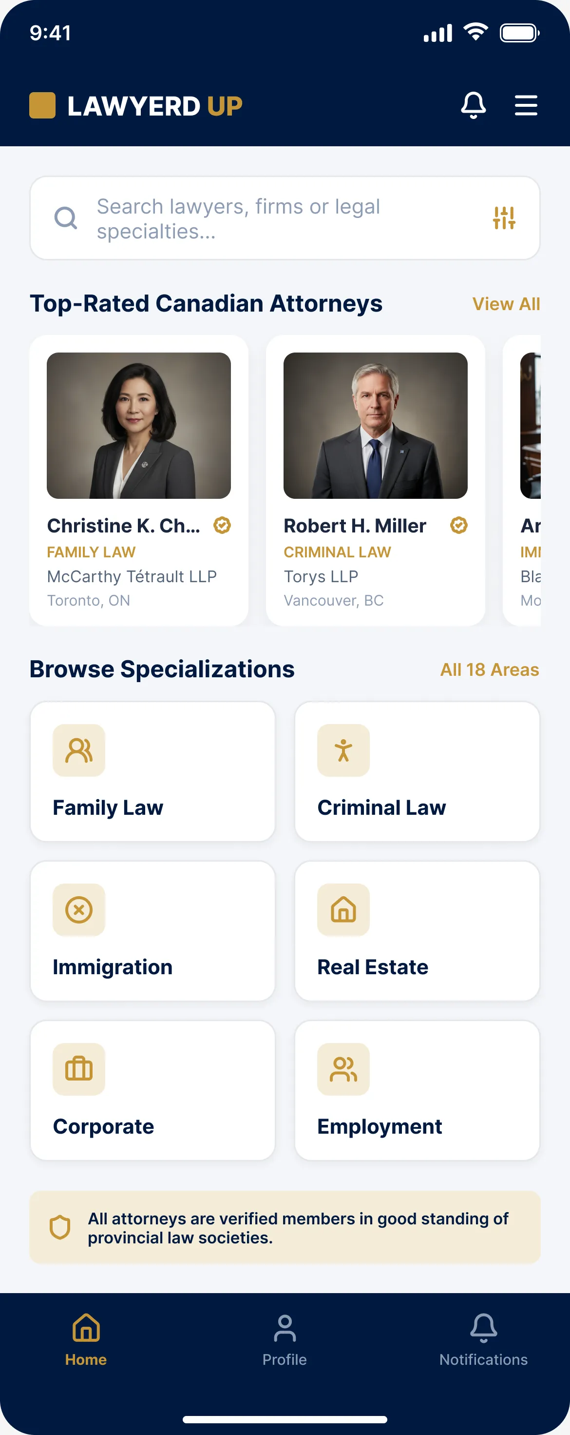 LawyerdUp mobile client home with attorney carousel and legal specializations