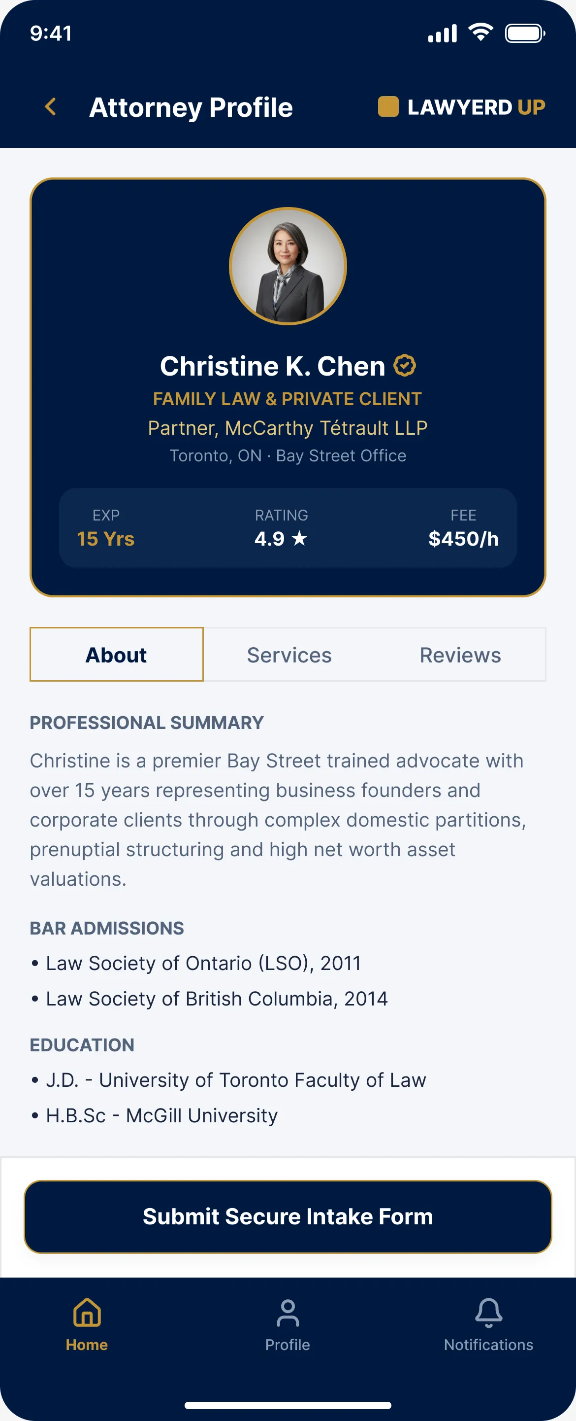 LawyerdUp attorney profile with credentials, ratings, and secure intake