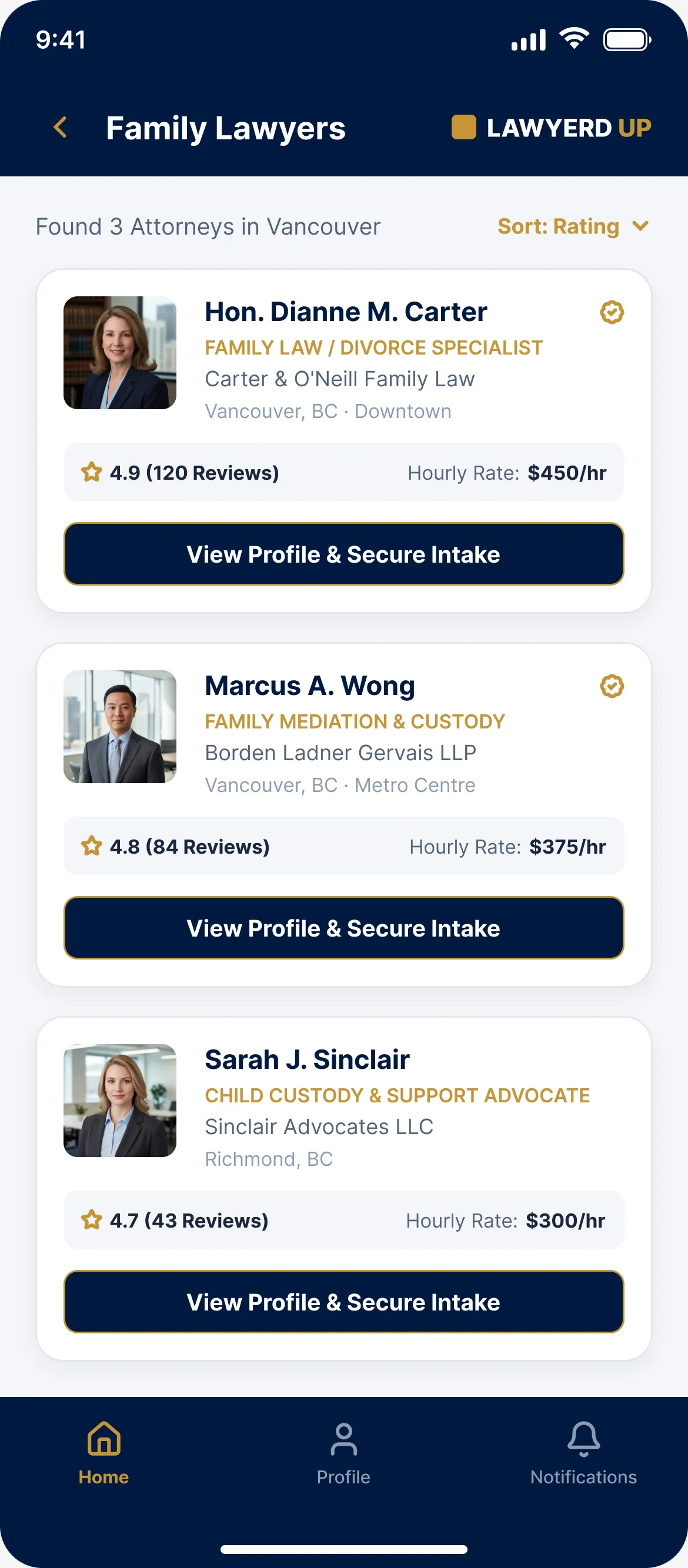 LawyerdUp family lawyer search results with ratings and secure intake