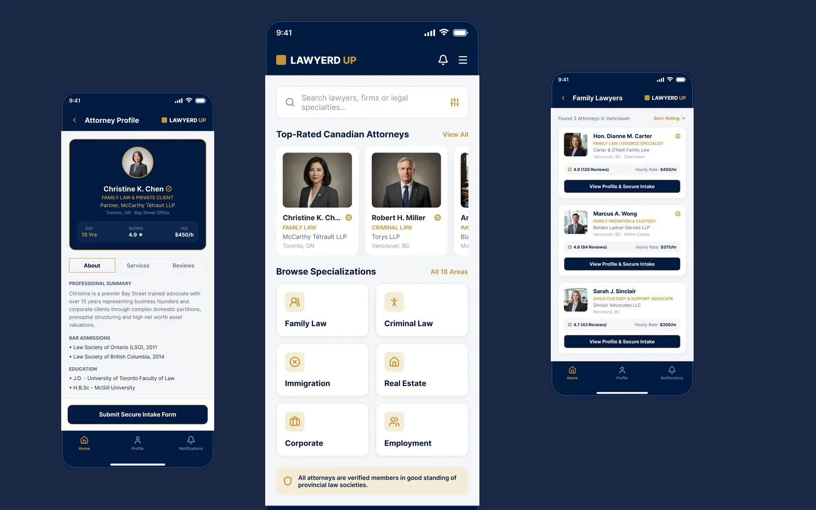 LawyerdUp mobile client screens for home, attorney discovery, and profiles