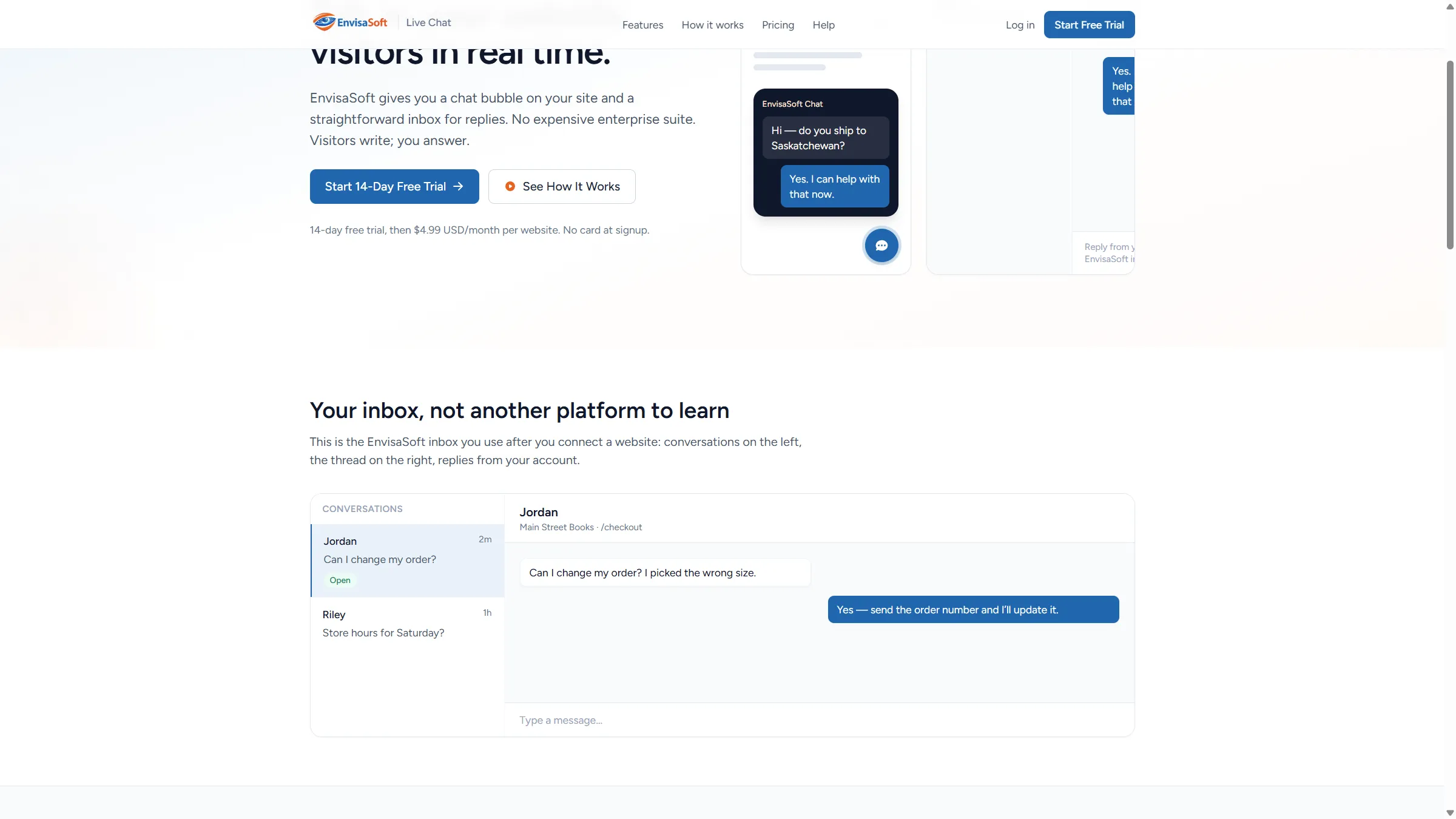 EnvisaSoft Live Chat shared inbox with conversations and replies