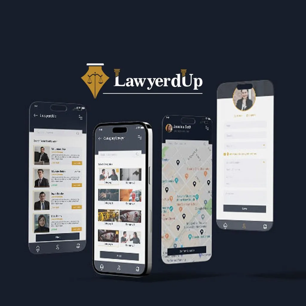 LawyerdUp app screens for lawyer search, service categories, map locator, and profile